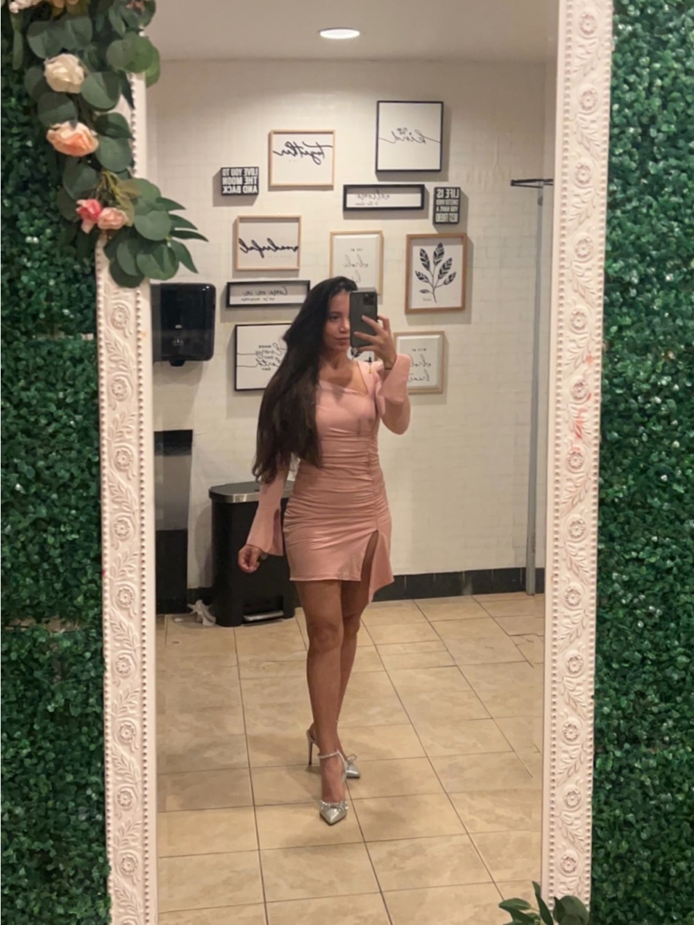 Oh Polly Blush Pink Ruched Long Sleeve Mini Dress